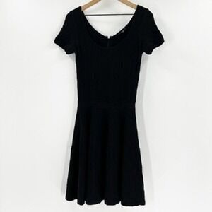 Pink Tartan Black Ribbed Knit Fit Flare Short Sleeve Dress